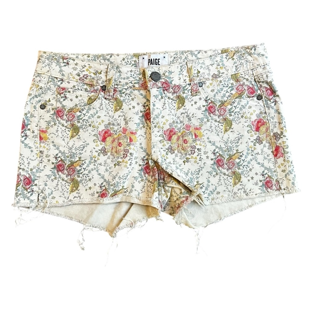 PAIGE Floral Print Jean Shorts - Cream and Pink, Size 28